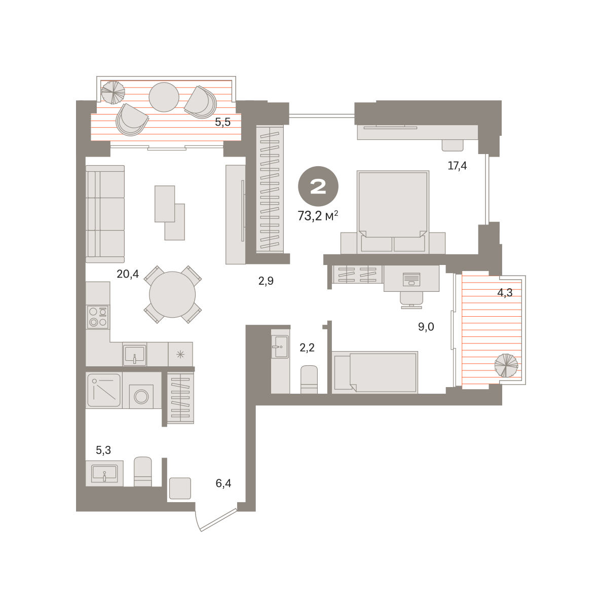 2-комнатная 74 м2 в ЖК Квартал МОНС корпус null этаж 17