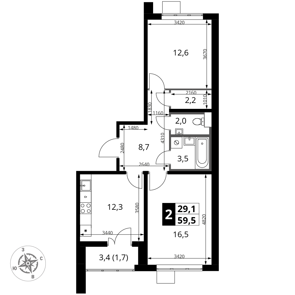 2-комнатная 59 м2 в ЖК 1-й Южный корпус null этаж 15