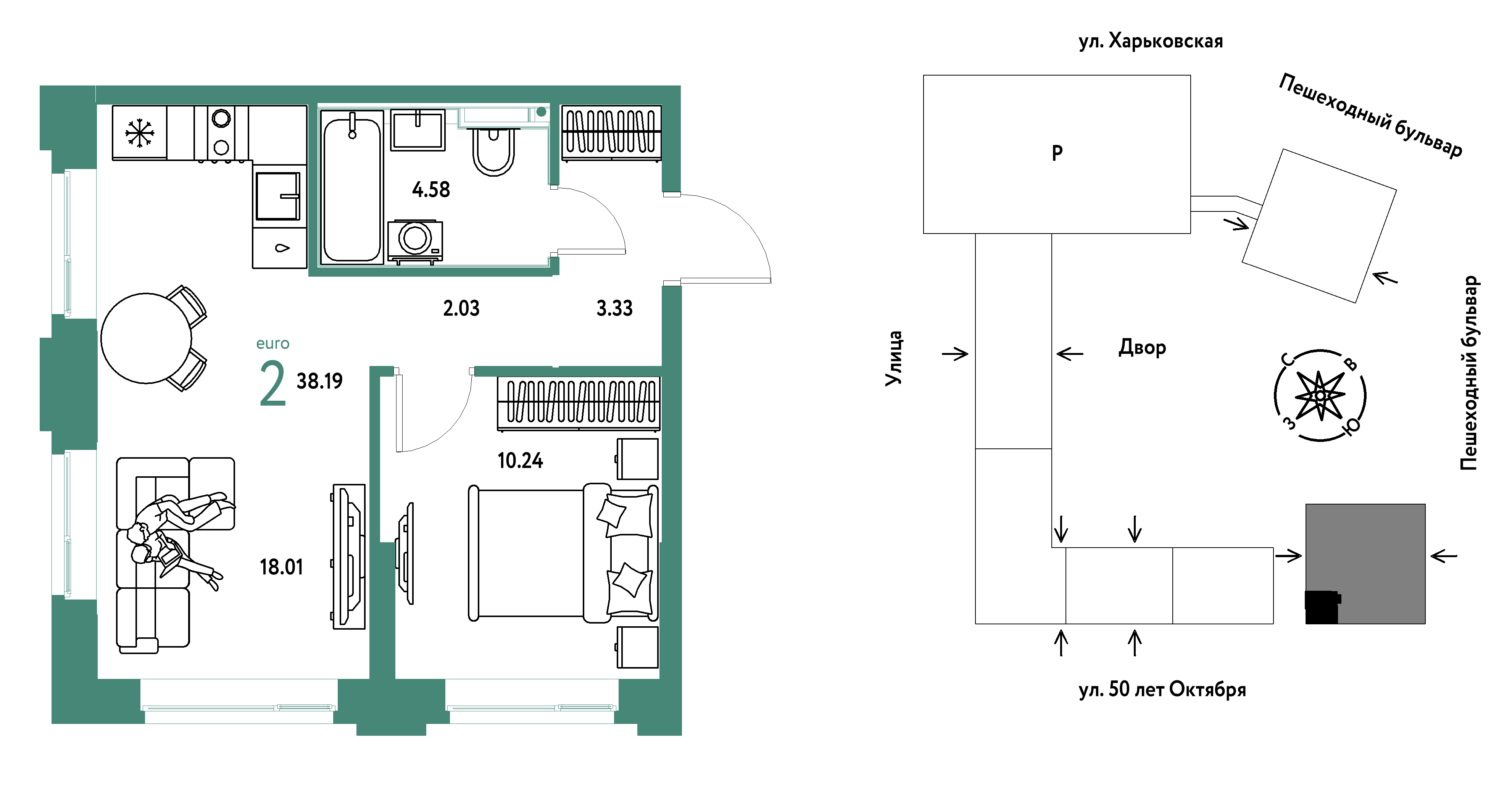 2-комнатная 38 м2 в ЖК Сердце Сибири корпус null этаж 4