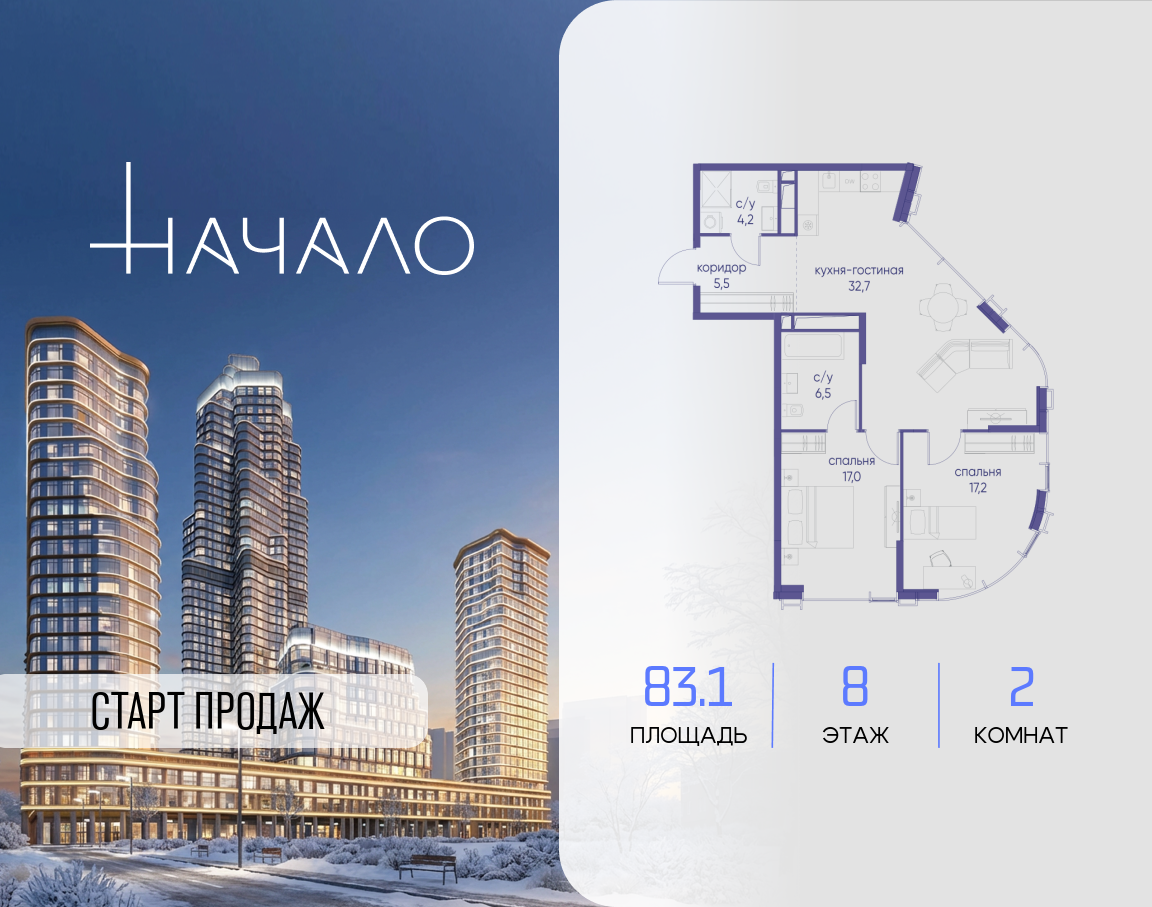 2-комнатная 83 м2 в ЖК Начало корпус null этаж 8