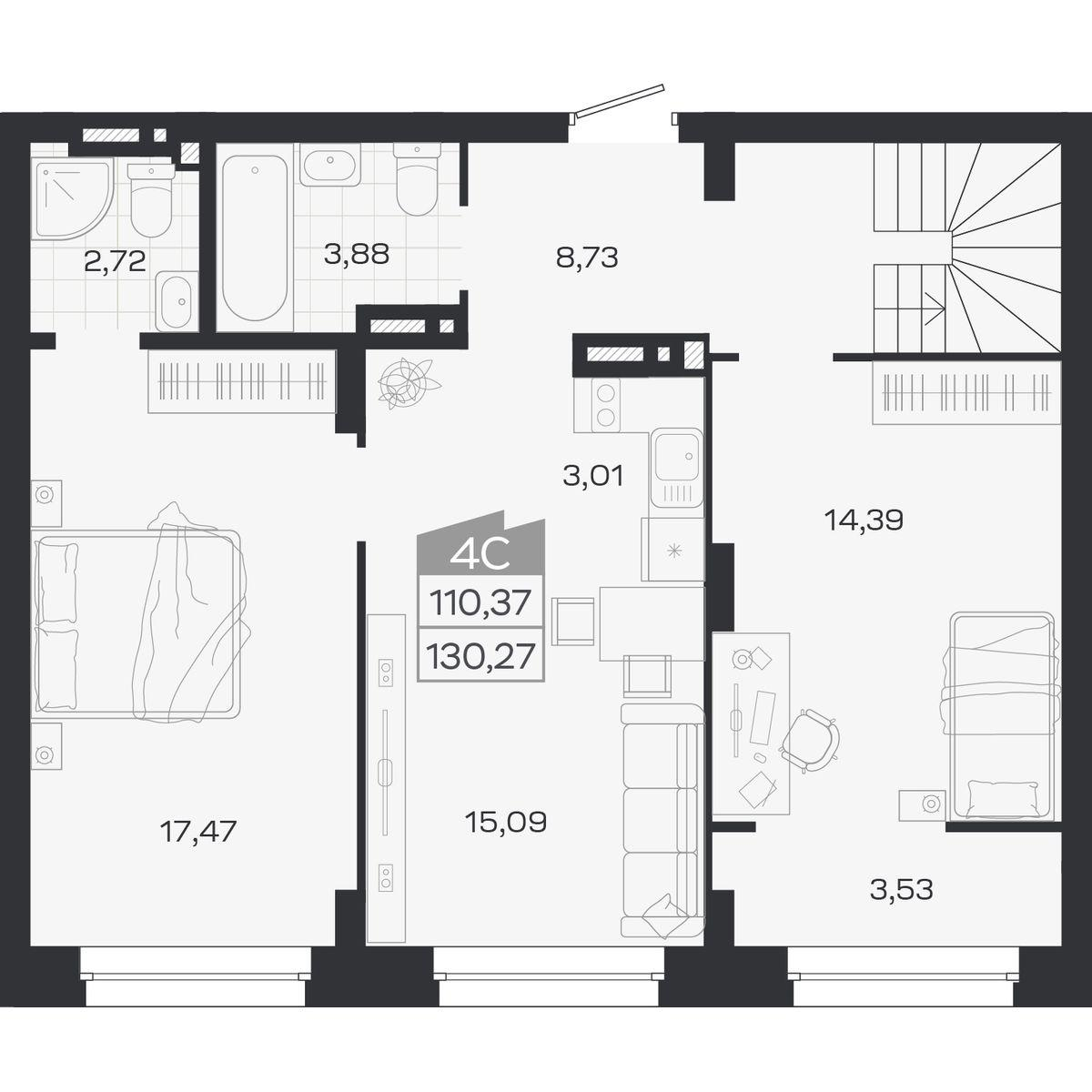4-комнатная 130 м2 в ЖК Ясный берег корпус null этаж 8