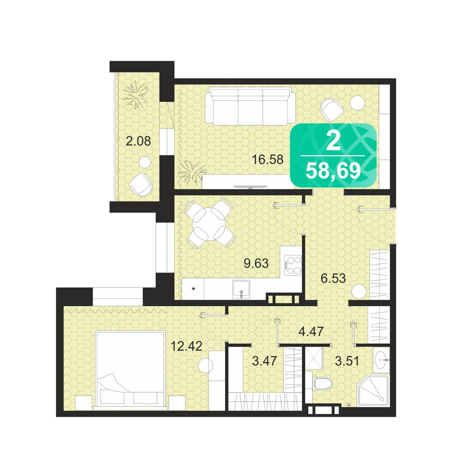 2-комнатная 58 м2 в ЖК Серебряный бор корпус null этаж 7