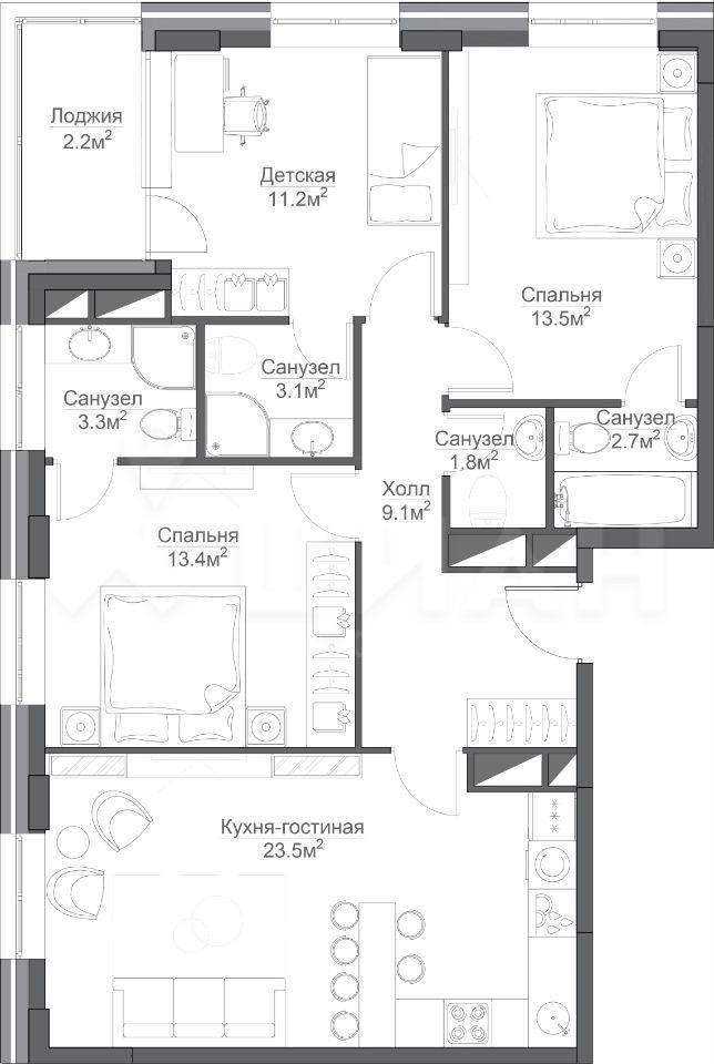 3-комнатная 85.4 м2 в ЖК undefined корпус null этаж 6