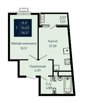 1-комнатная 38.4 м2 в ЖК undefined корпус null этаж 3