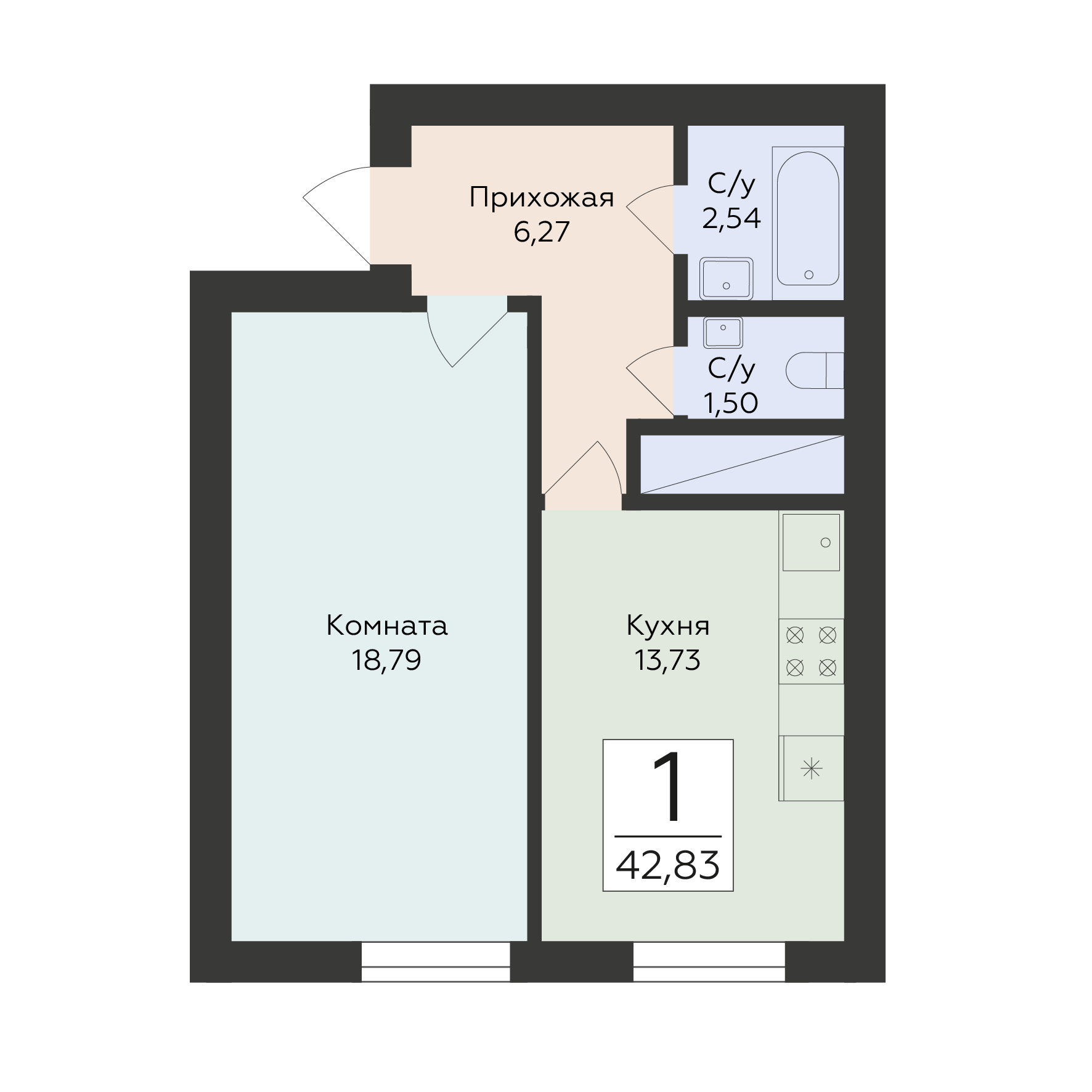 1-комнатная 42 м2 в ЖК Юность корпус null этаж 1