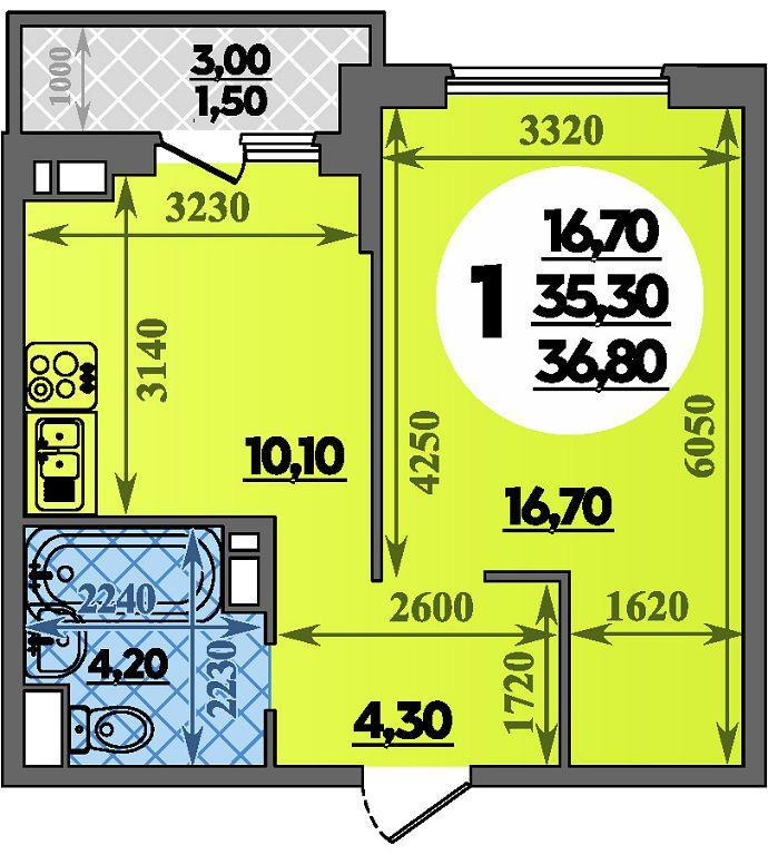 1-комнатная 36 м2 в ЖК Парк у дома корпус null этаж 15