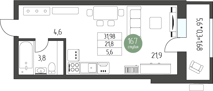 Студия 31 м2 в ЖК Лермонтов корпус null этаж 2