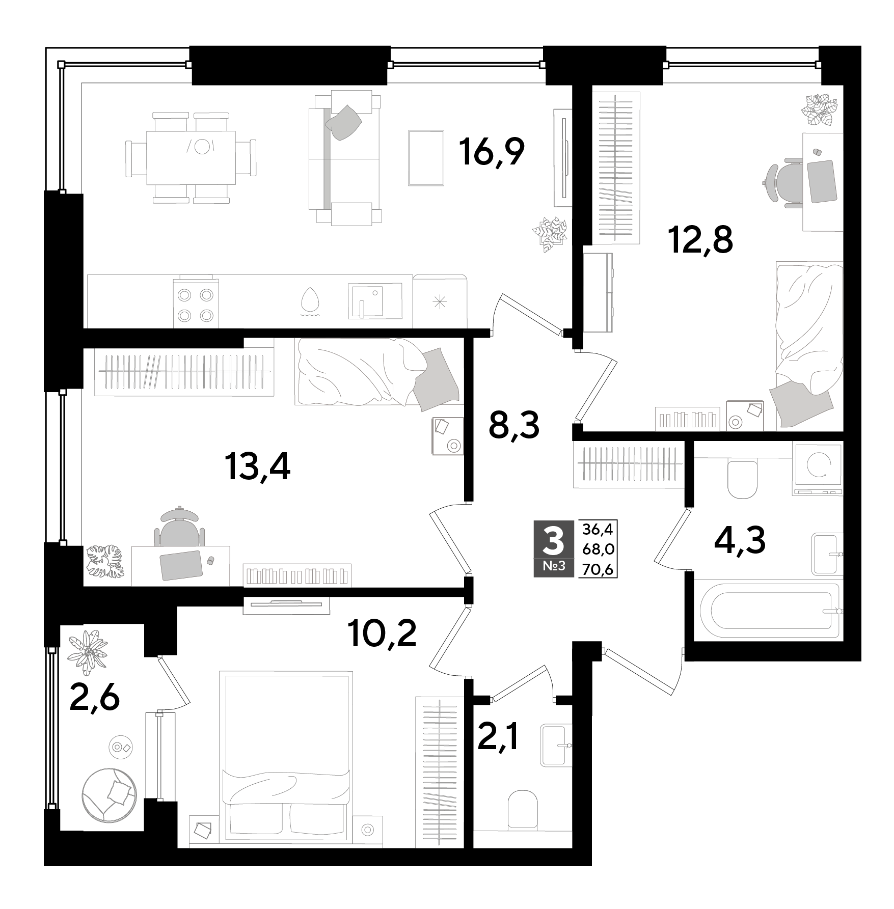 3-комнатная 70 м2 в ЖК Dogma Park корпус null этаж 2