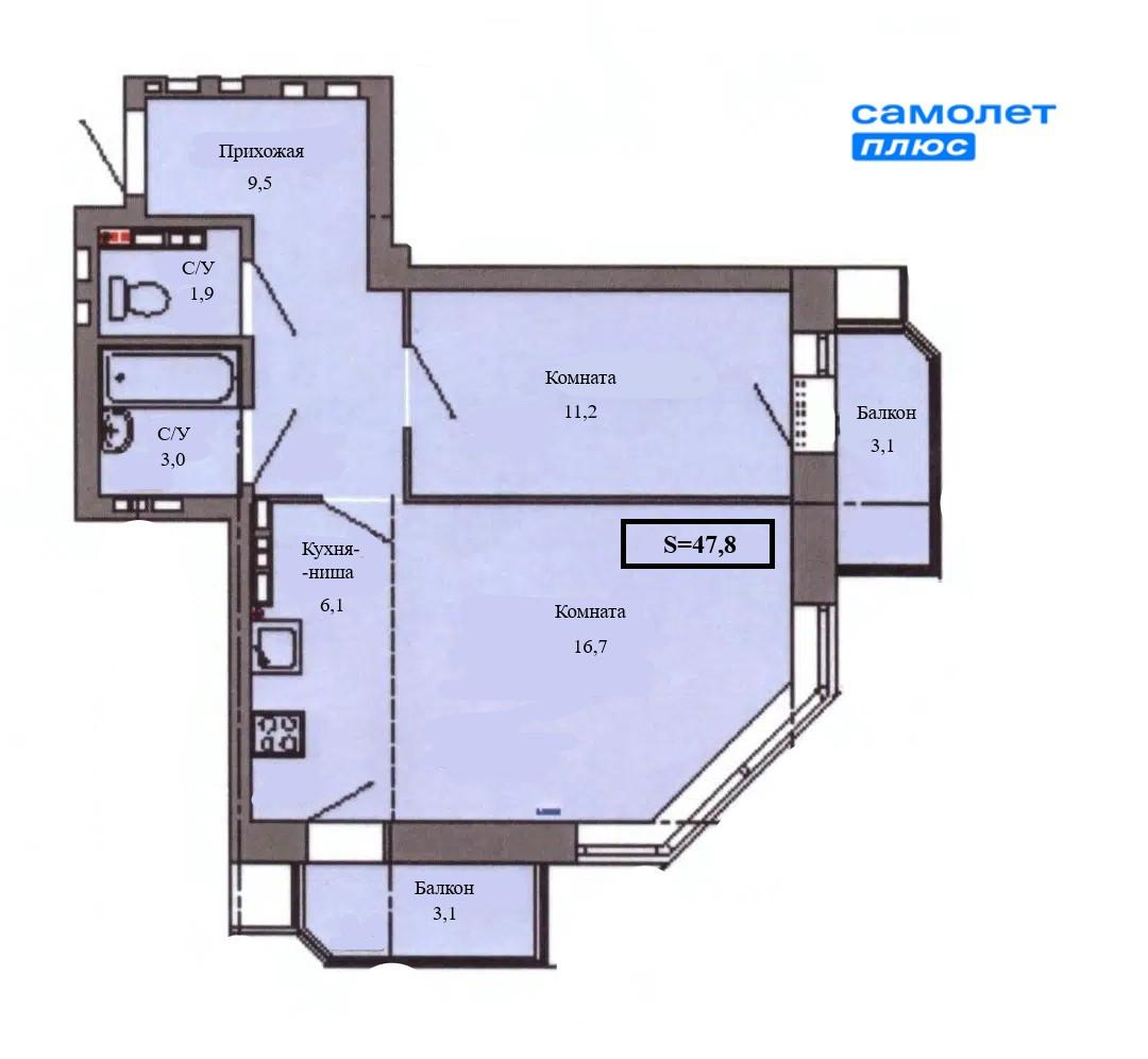 2-комнатная 47.8 м2 в ЖК undefined корпус null этаж 9