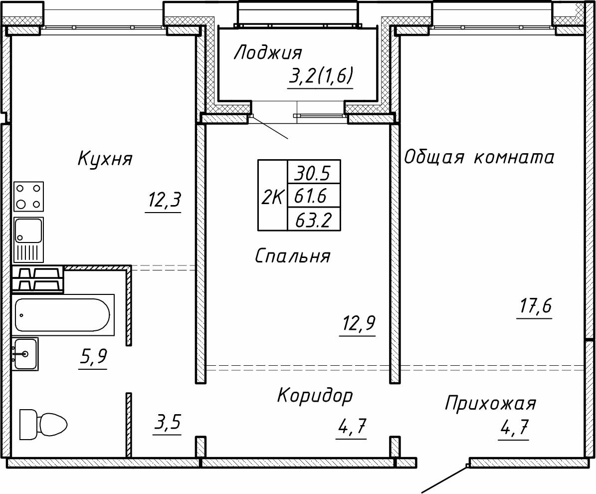 2-комнатная 63 м2 в ЖК Гренландия корпус null этаж 7