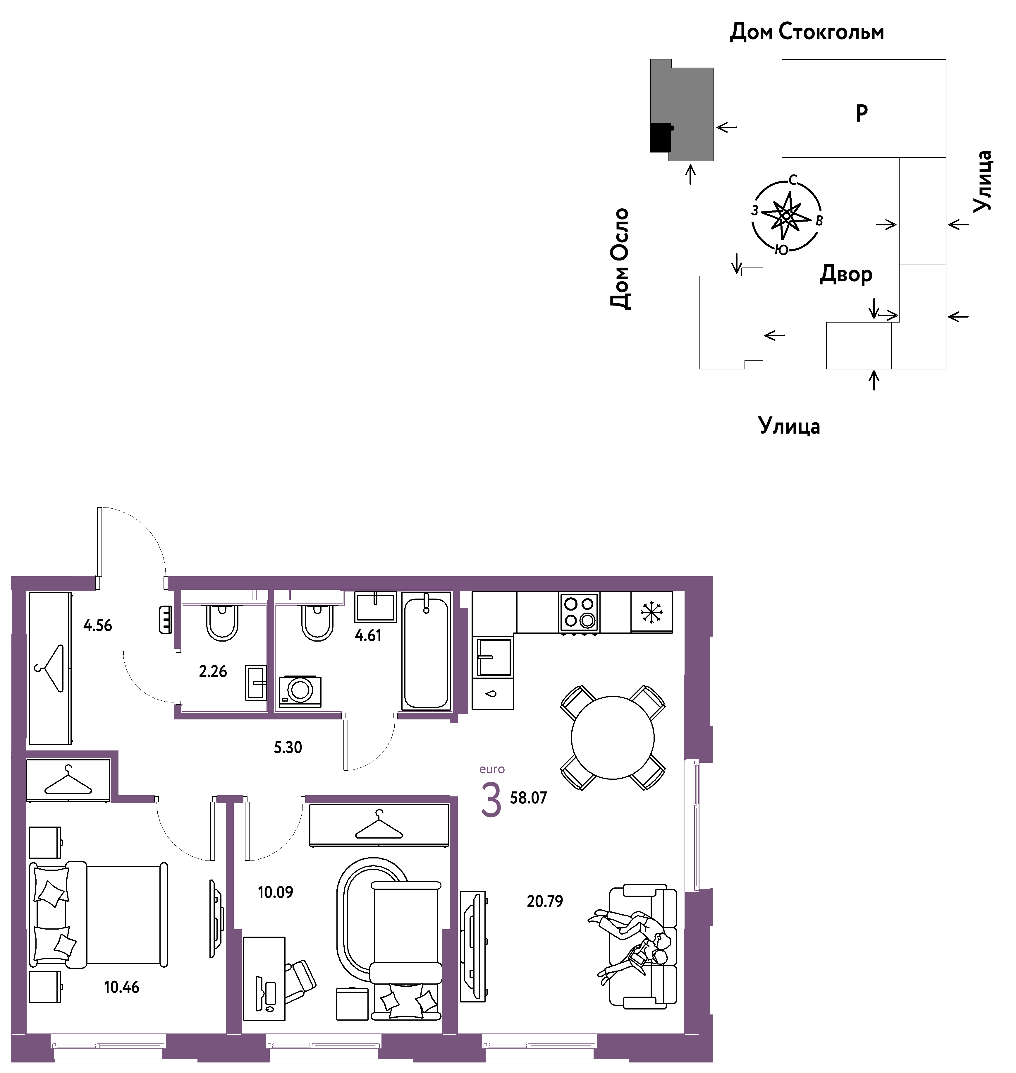 3-комнатная 58 м2 в ЖК Европейский берег 2.0 корпус null этаж 15