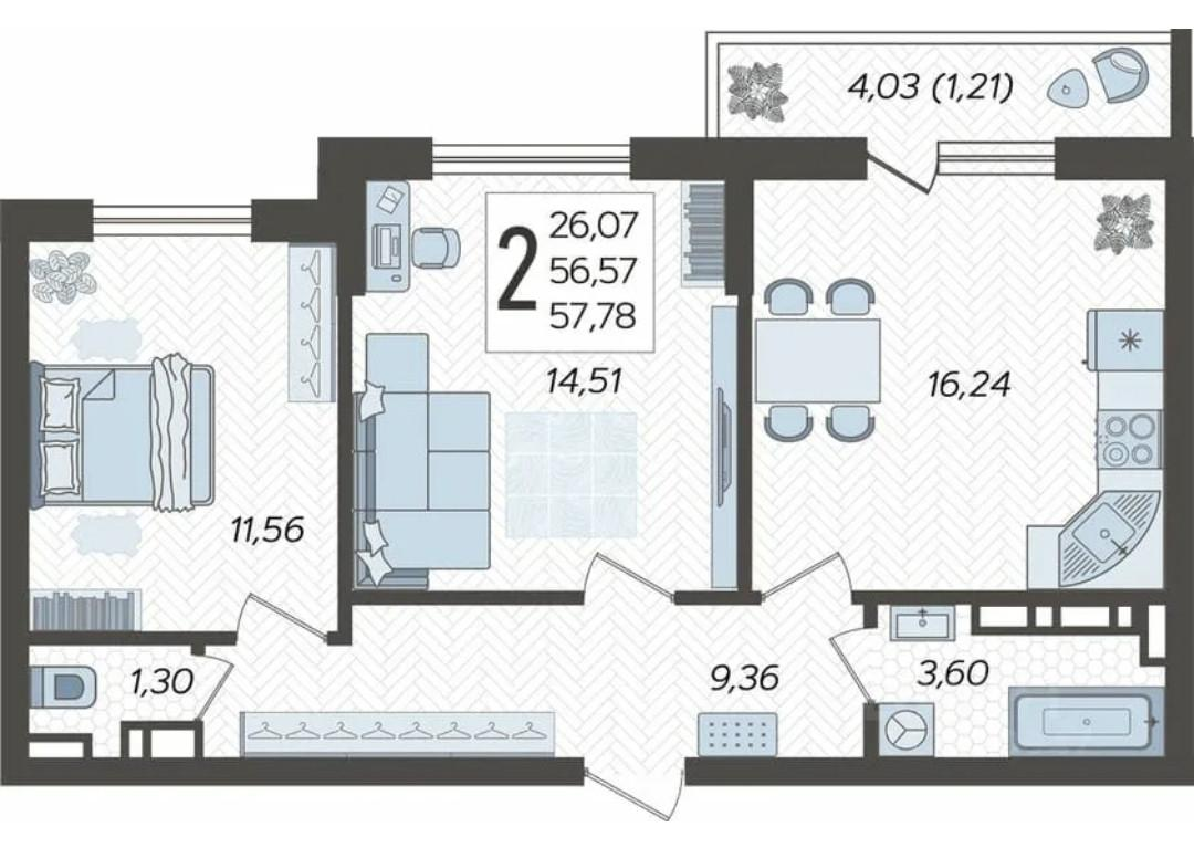 2-комнатная 57.5 м2 в ЖК undefined корпус null этаж 8