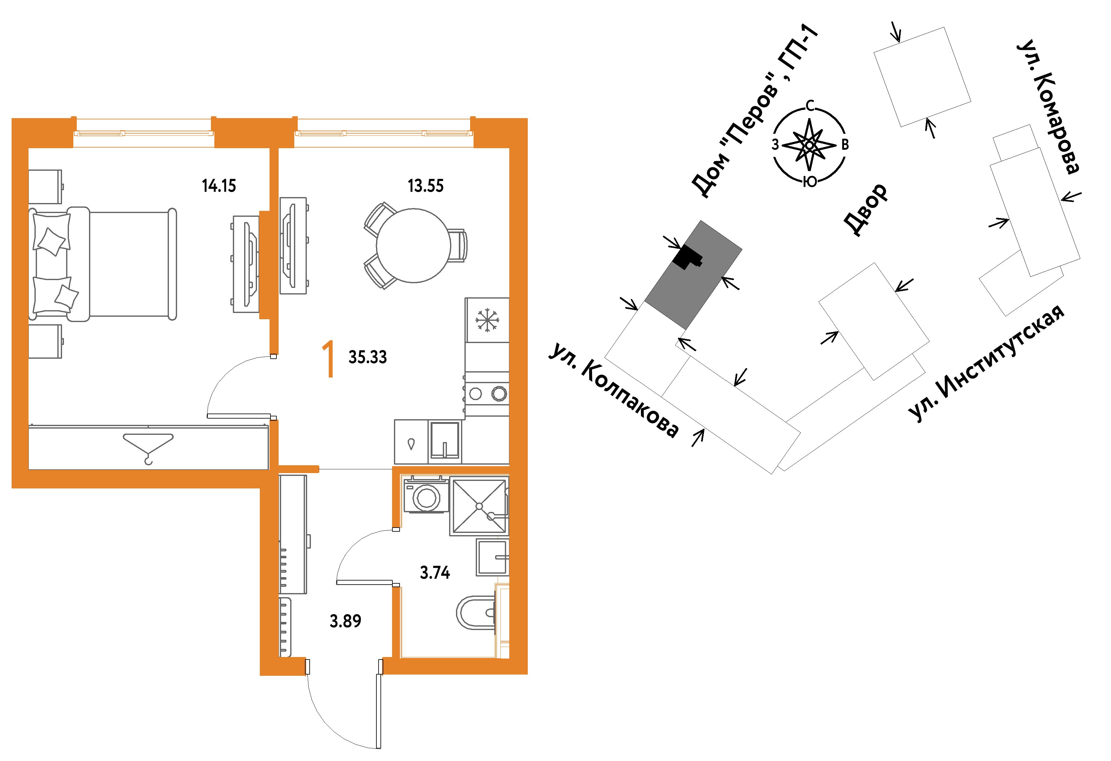 1-комнатная 35 м2 в ЖК Страна.Парковая корпус null этаж 14