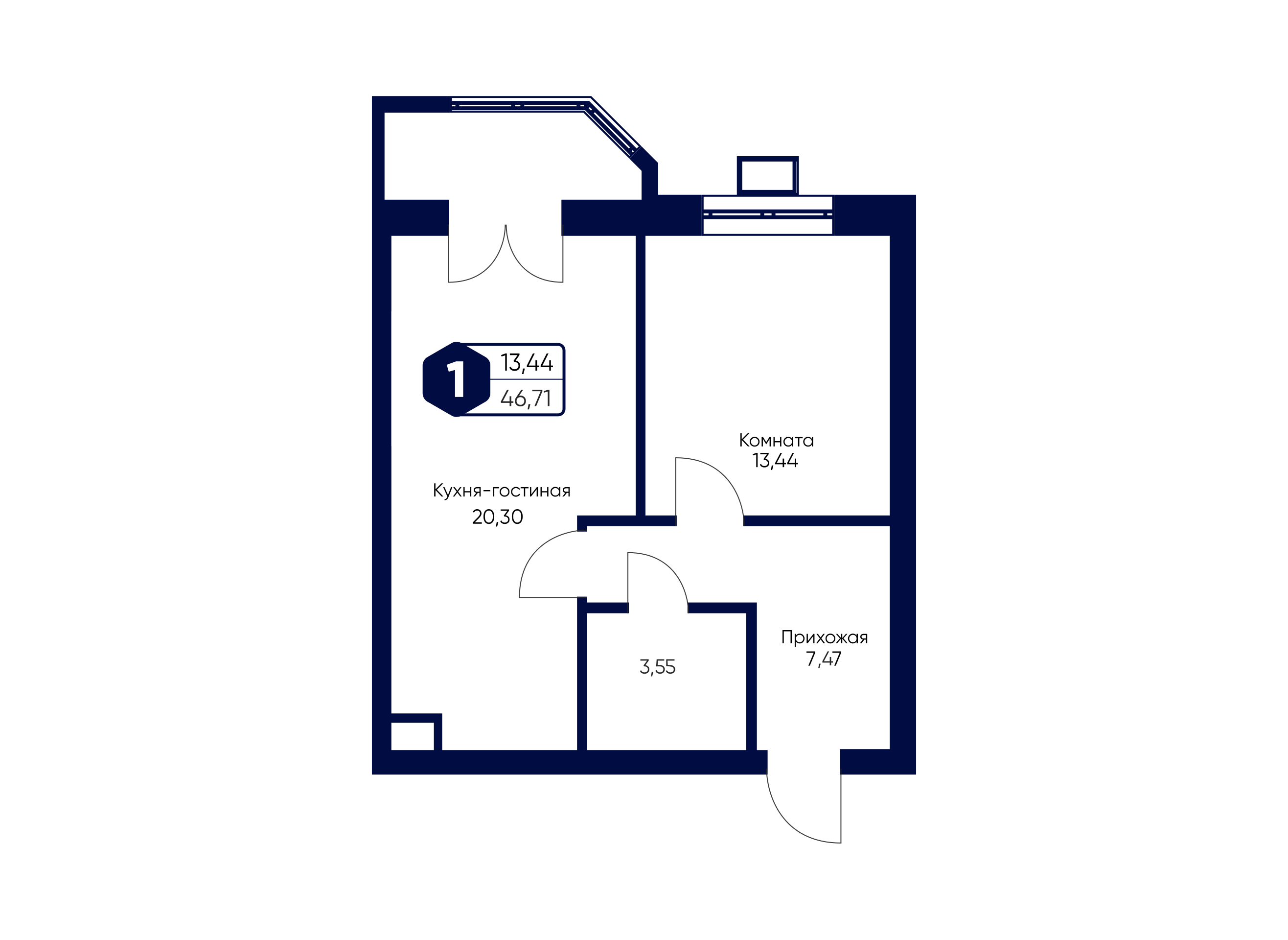 1-комнатная 46 м2 в ЖК Мечта квартал Дружба корпус null этаж 2