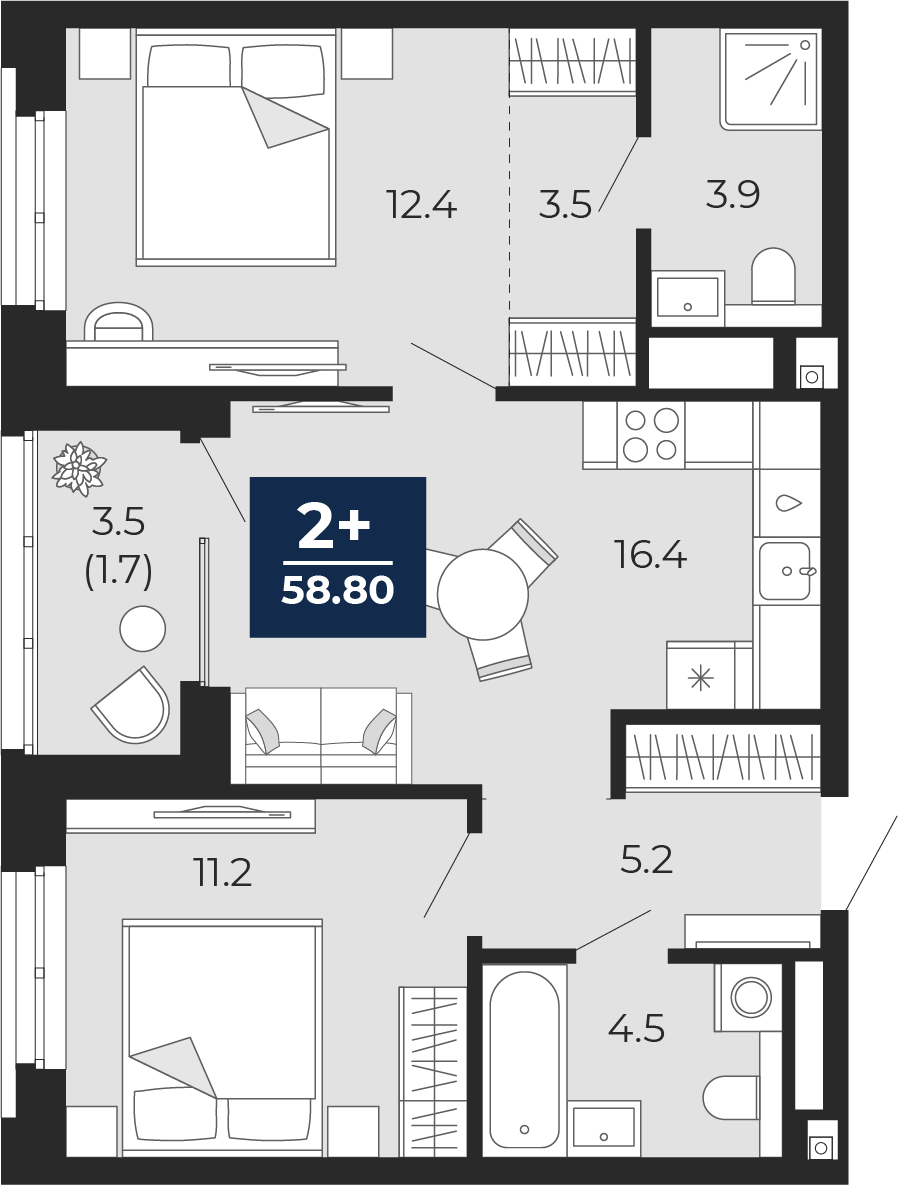 2-комнатная 57 м2 в ЖК Мириады корпус null этаж 8
