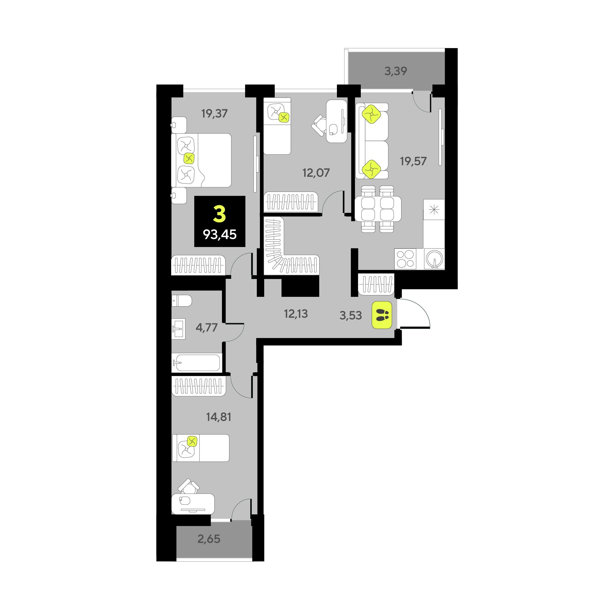 3-комнатная 93 м2 в ЖК Дивный квартал у озера корпус null этаж 8