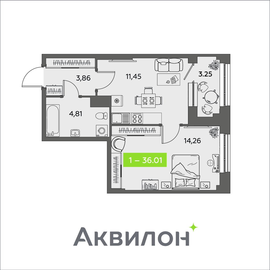 1-комнатная 36 м2 в ЖК Аквилон Shine корпус null этаж 12