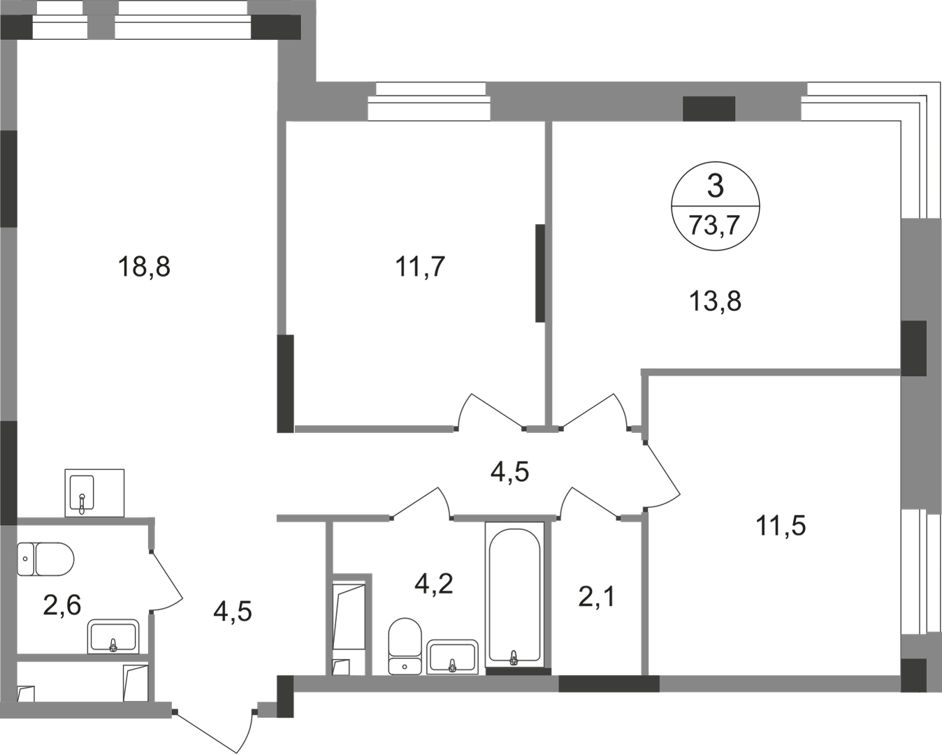 3-комнатная 73 м2 в ЖК Первый Московский корпус null этаж 18