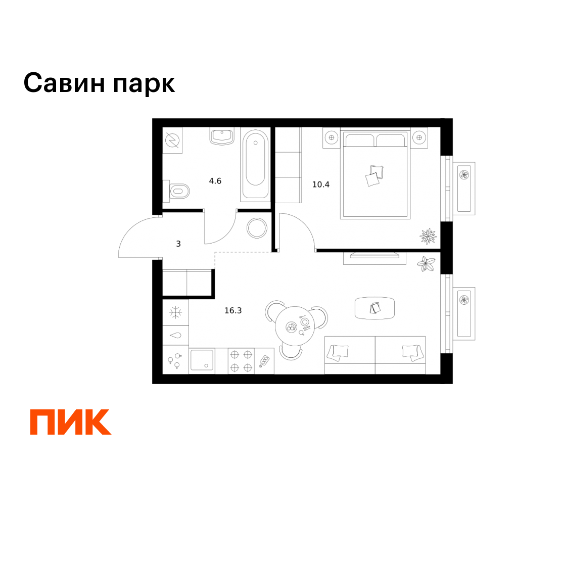 1-комнатная 34 м2 в ЖК Савин парк корпус null этаж 2