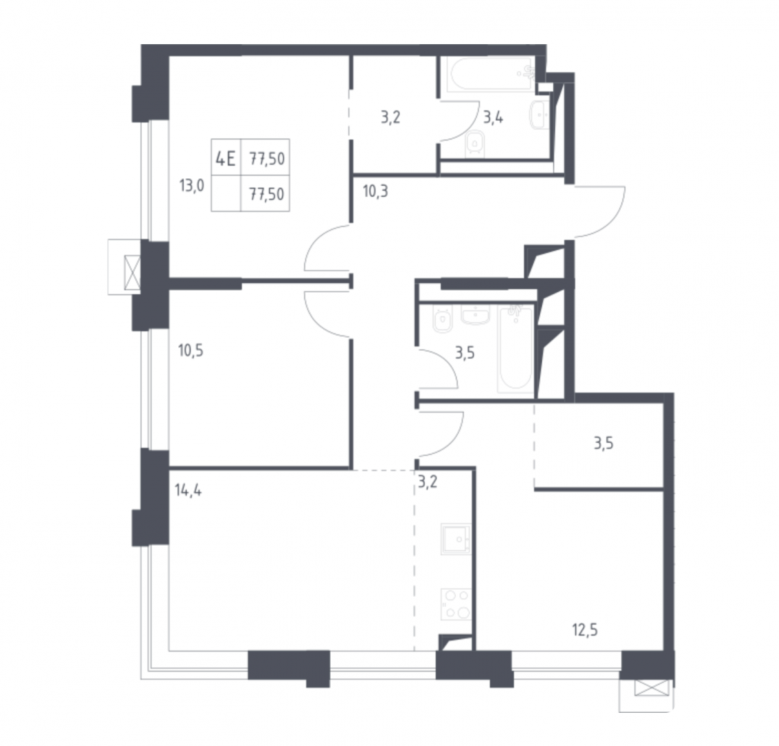 3-комнатная 77.5 м2 в ЖК undefined корпус null этаж 13