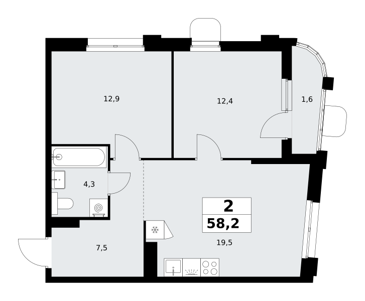 2-комнатная 58 м2 в ЖК Прокшино корпус null этаж 13