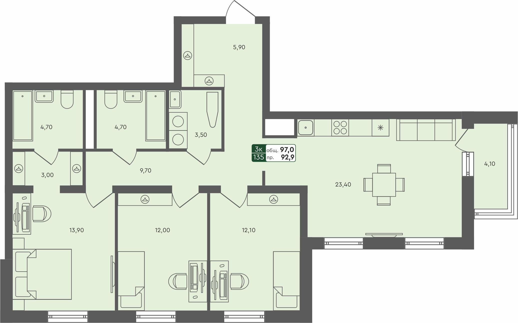 3-комнатная 97 м2 в ЖК Ритмы корпус null этаж 3