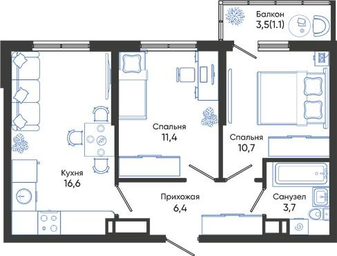 2-комнатная 49 м2 в ЖК Облака корпус null этаж 4