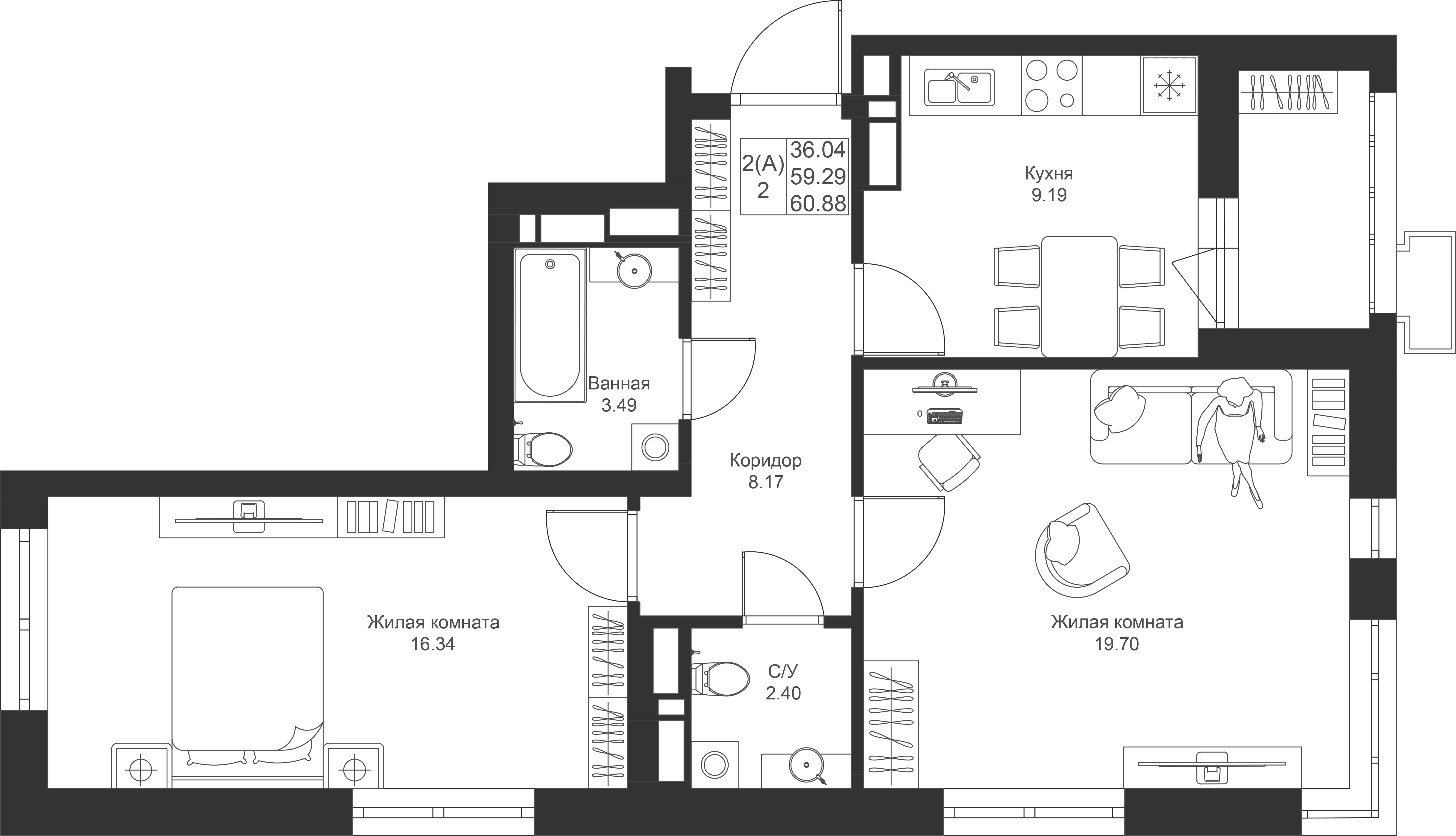 2-комнатная 60 м2 в ЖК Солнечный город корпус null этаж 3