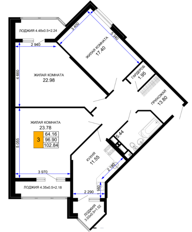 3-комнатная 96.9 м2 в ЖК undefined корпус null этаж 8