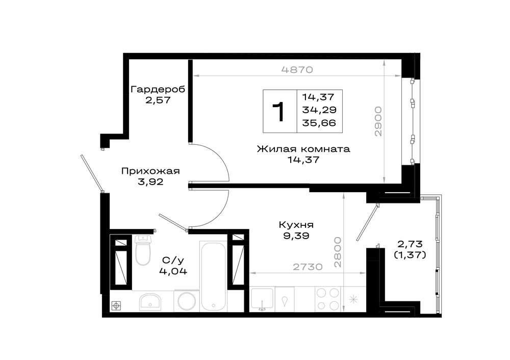 1-комнатная 35 м2 в ЖК Октябрь парк корпус null этаж 13