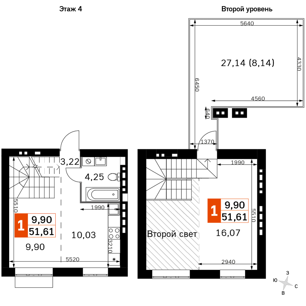 2-комнатная 51 м2 в ЖК Жаворонки Клаб корпус null этаж 4