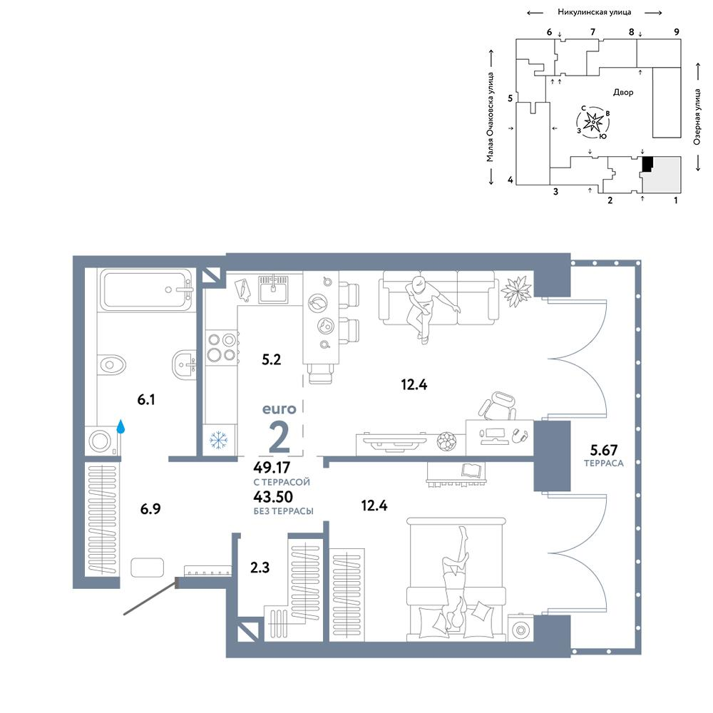 2-комнатная 49 м2 в ЖК Страна.Озёрная корпус null этаж 8