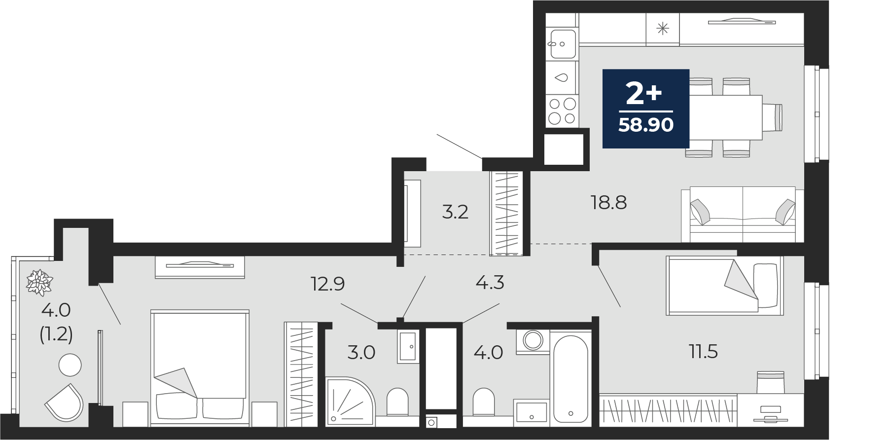 2-комнатная 57 м2 в ЖК Мириады корпус null этаж 8