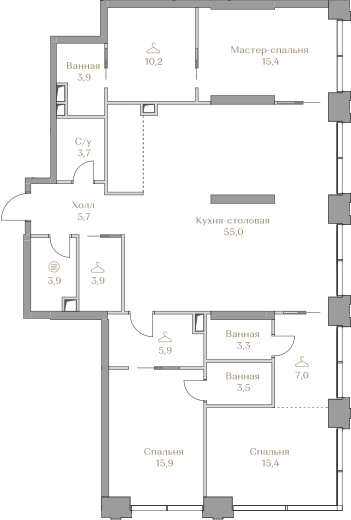 3-комнатная 152 м2 в ЖК Luzhniki Collection корпус null этаж 4