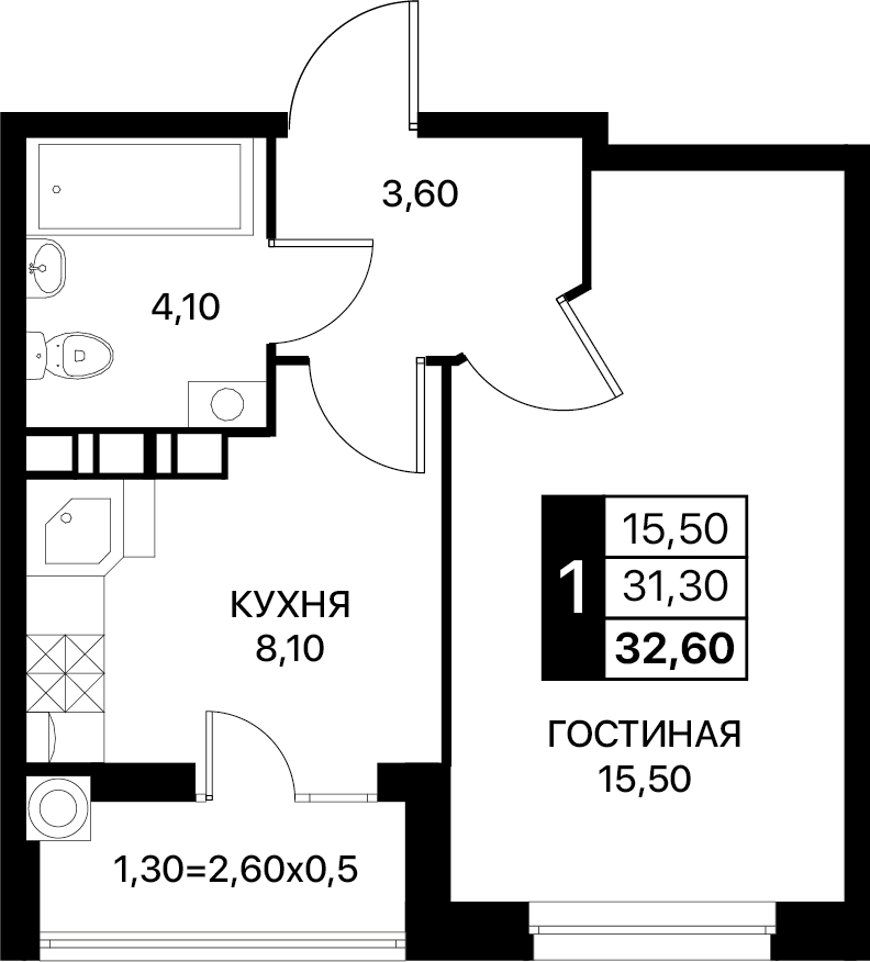 1-комнатная 32 м2 в ЖК SmartPolet корпус null этаж 4