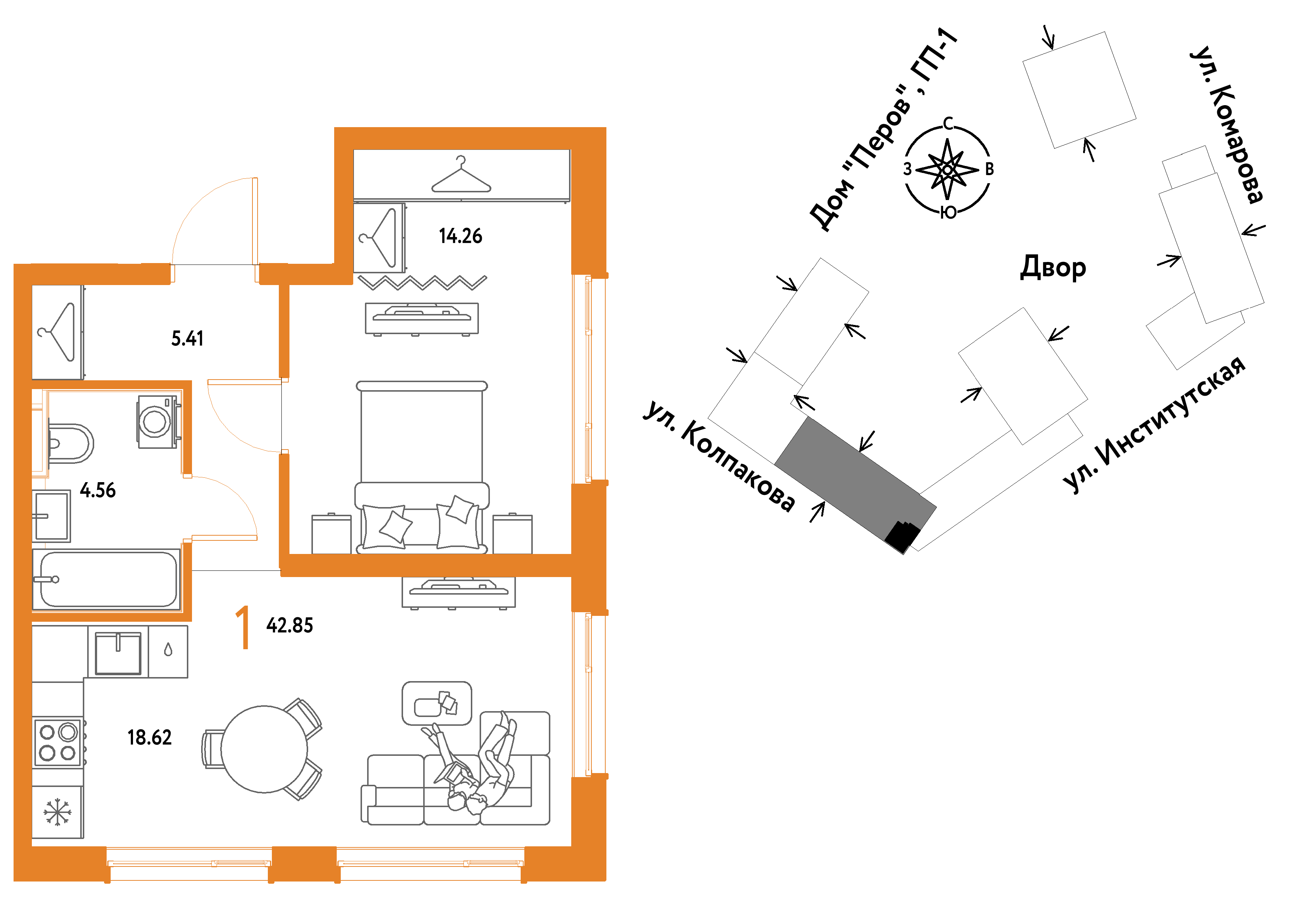 1-комнатная 42 м2 в ЖК Страна.Парковая корпус null этаж 15