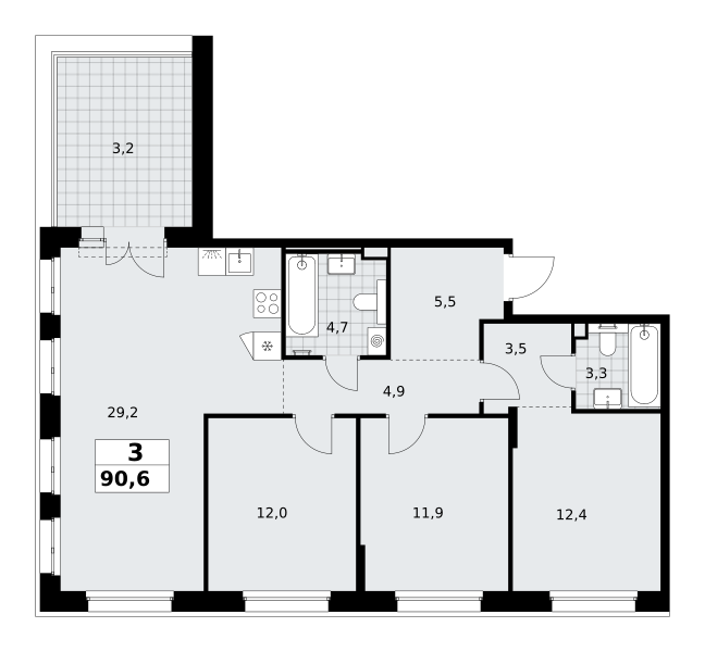 3-комнатная 90 м2 в ЖК Хольм корпус null этаж 6