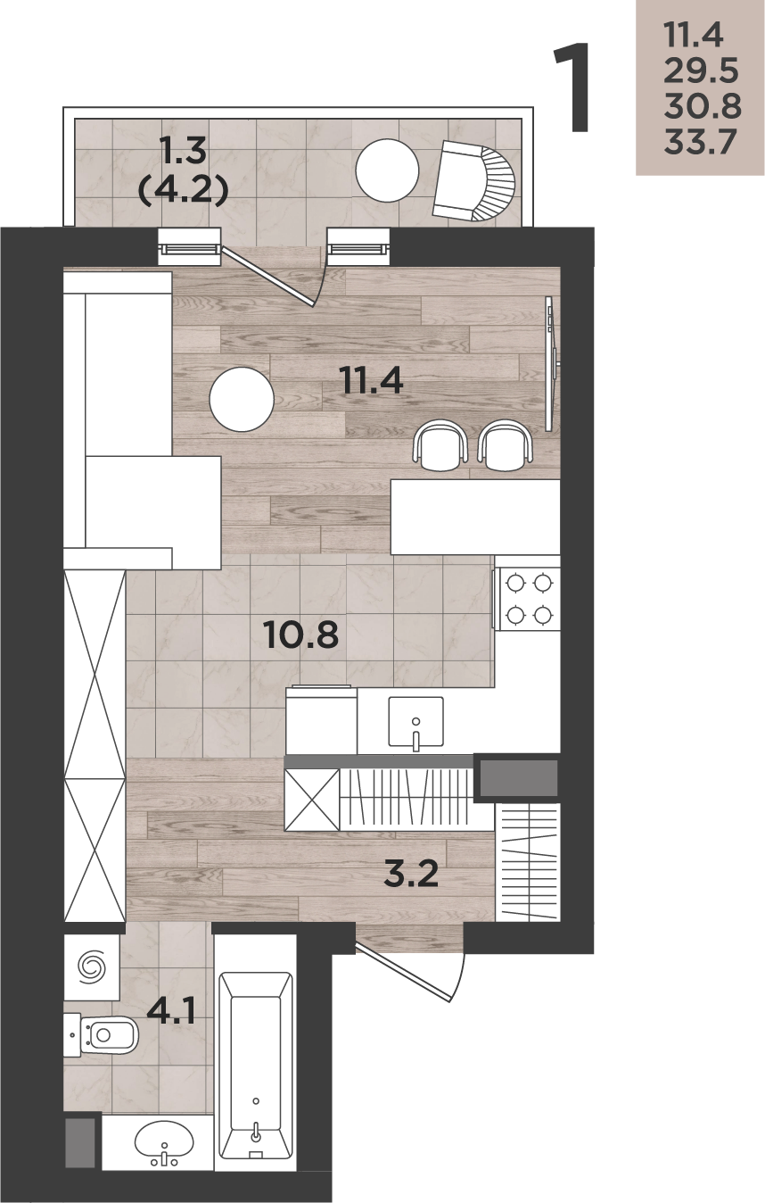 Студия 30 м2 в ЖК Альпенштадт корпус null этаж 14