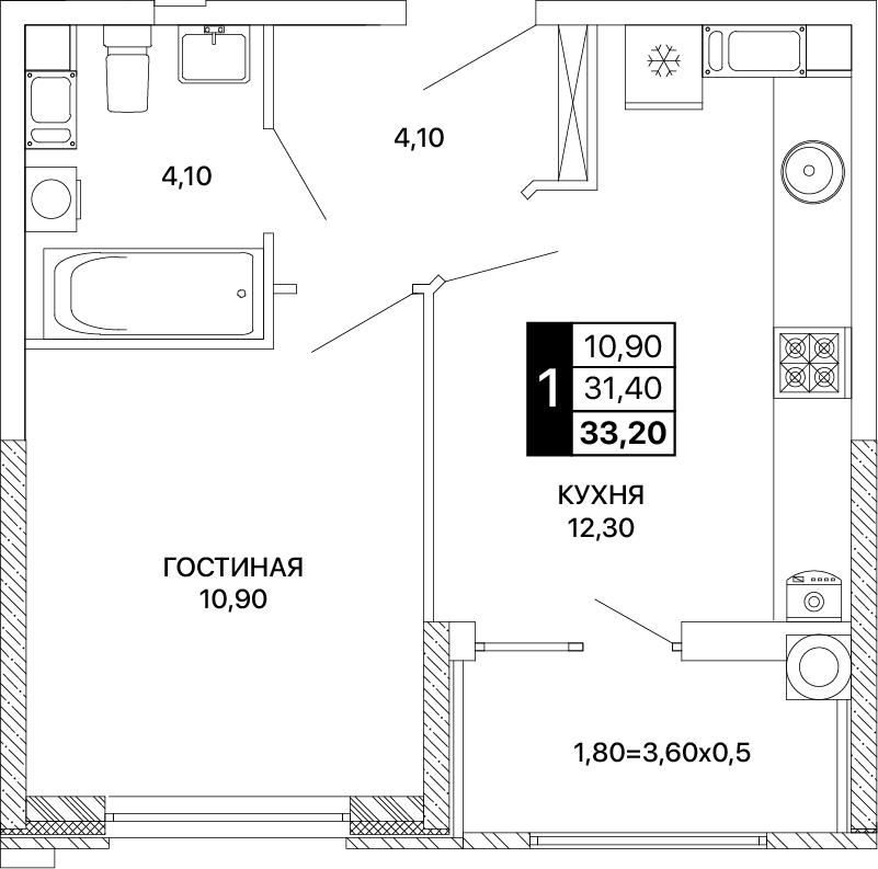 1-комнатная 33 м2 в ЖК Сияние корпус null этаж 4