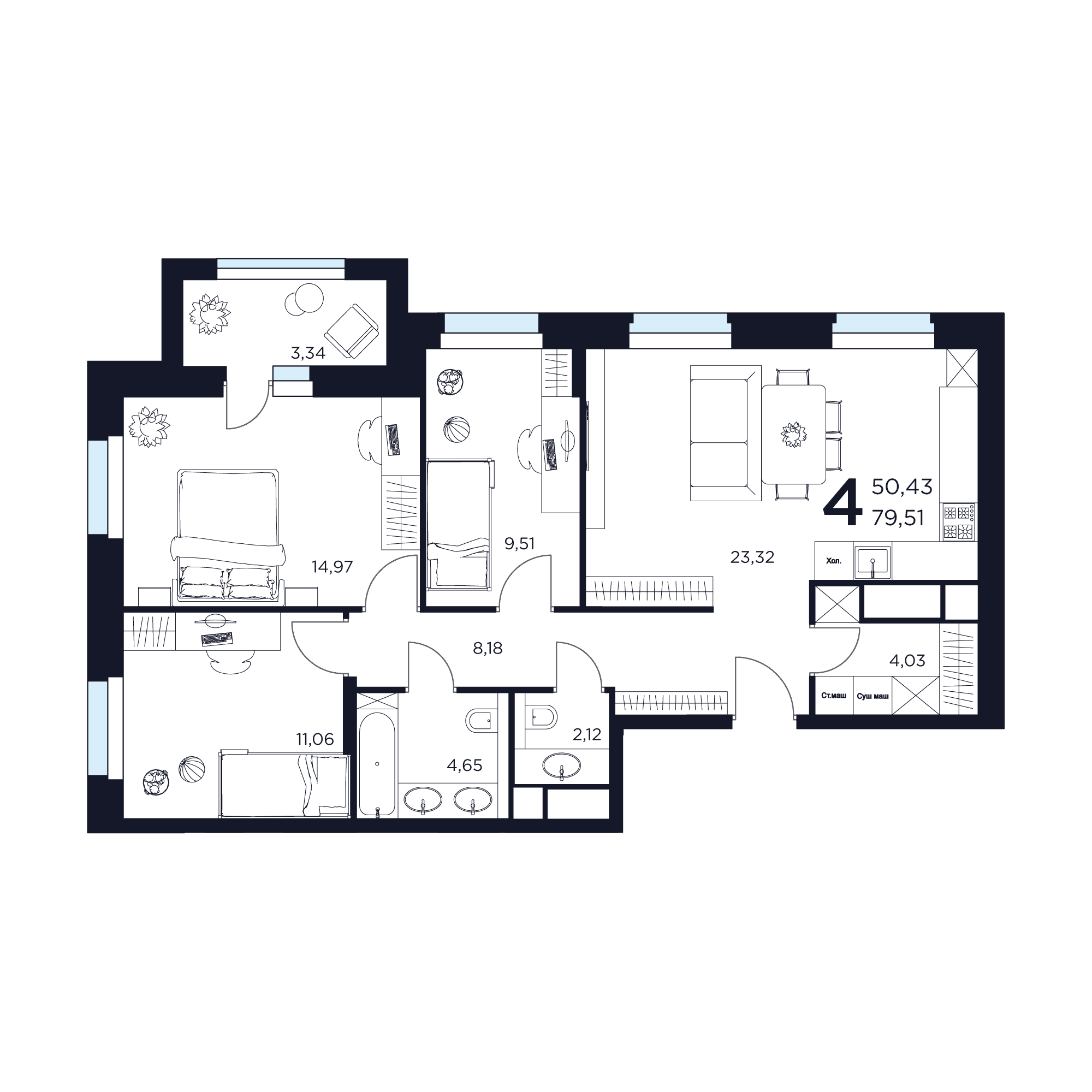 4-комнатная 79 м2 в ЖК ВОСТОК II корпус null этаж 12