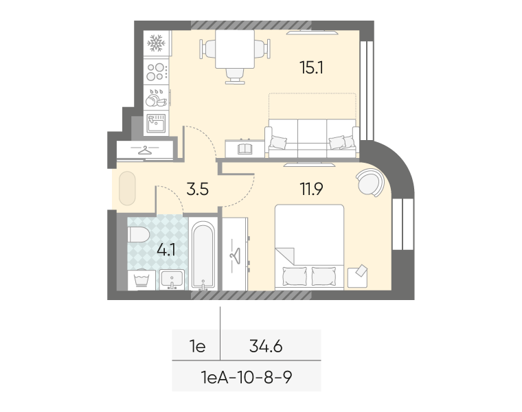 1-комнатная 34 м2 в ЖК ЗИЛАРТ корпус null этаж 9