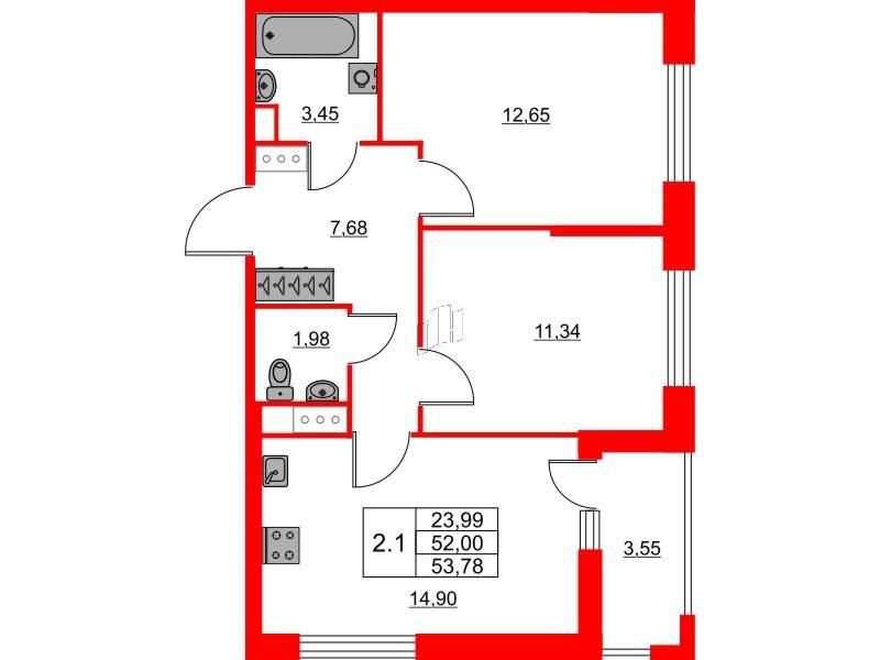 2-комнатная 52 м2 в ЖК Город звёзд корпус null этаж 3