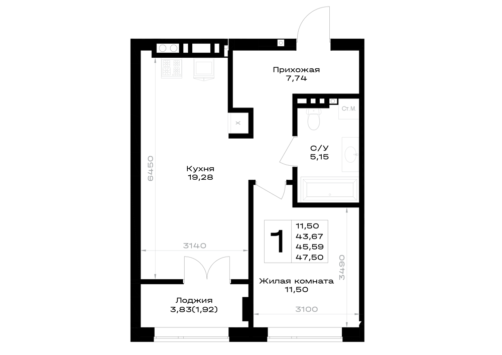 1-комнатная 45 м2 в ЖК Включи корпус null этаж 5