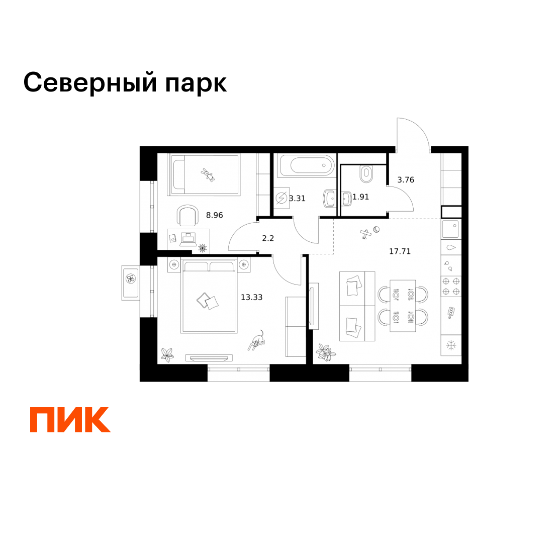 2-комнатная 51 м2 в ЖК Северный парк корпус null этаж 3