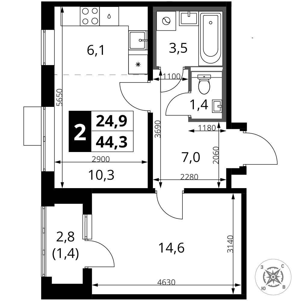 2-комнатная 44 м2 в ЖК 1-й Шереметьевский корпус null этаж 3