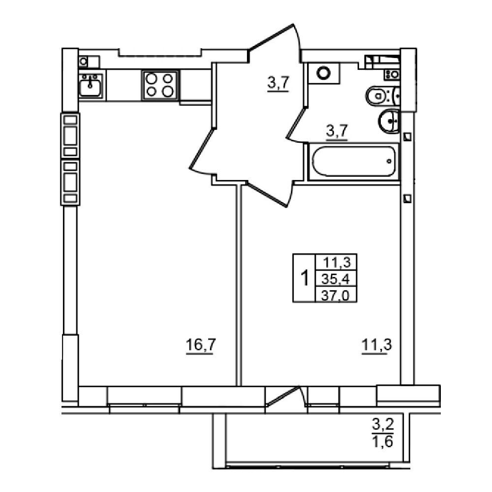1-комнатная 37 м2 в ЖК Сталь корпус null этаж 13