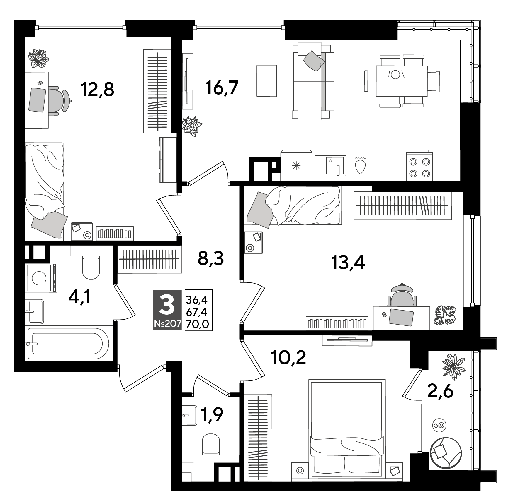 3-комнатная 68 м2 в ЖК Dogma Park корпус null этаж 5
