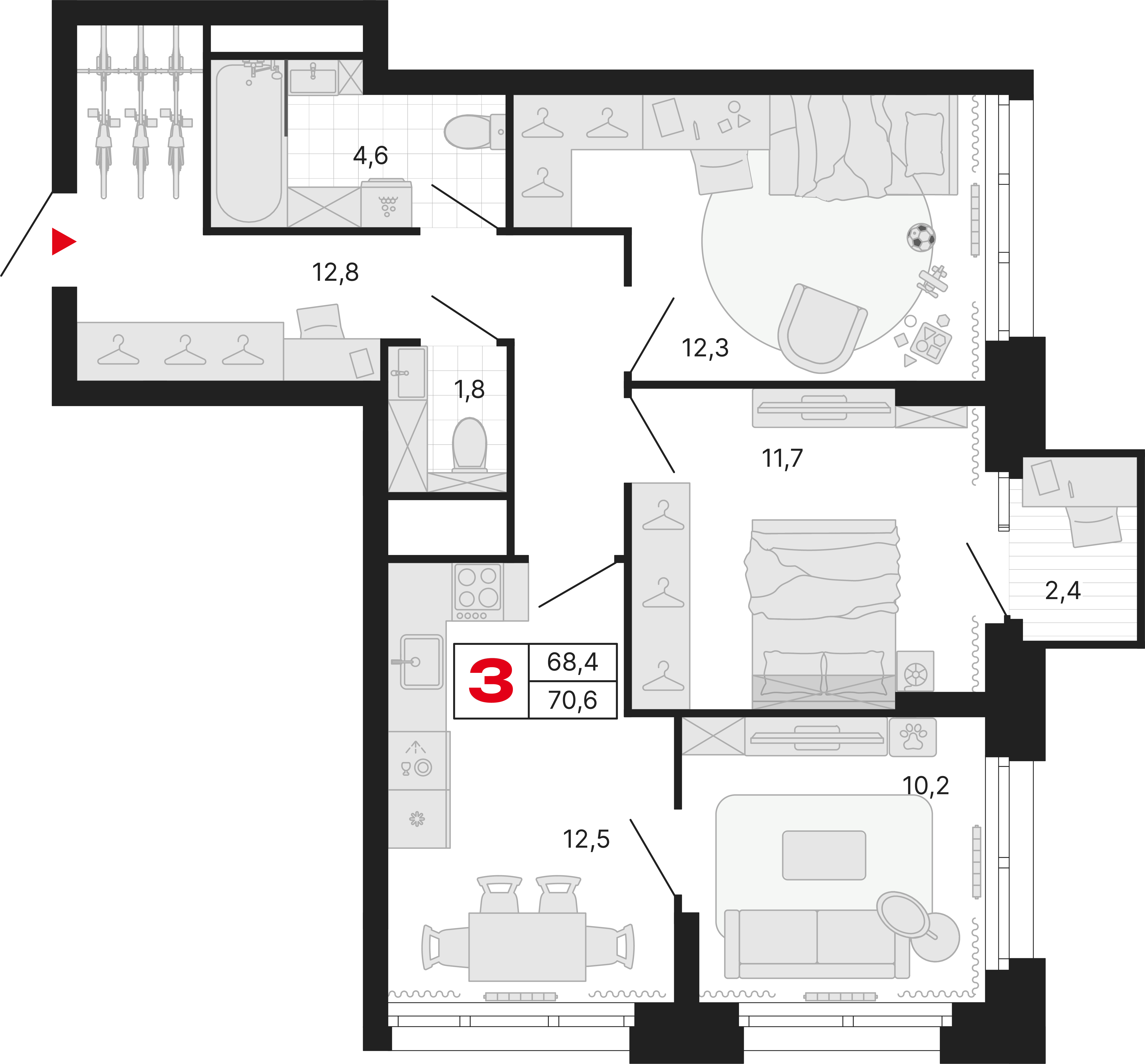 3-комнатная 70 м2 в ЖК Бестселлер корпус null этаж 9