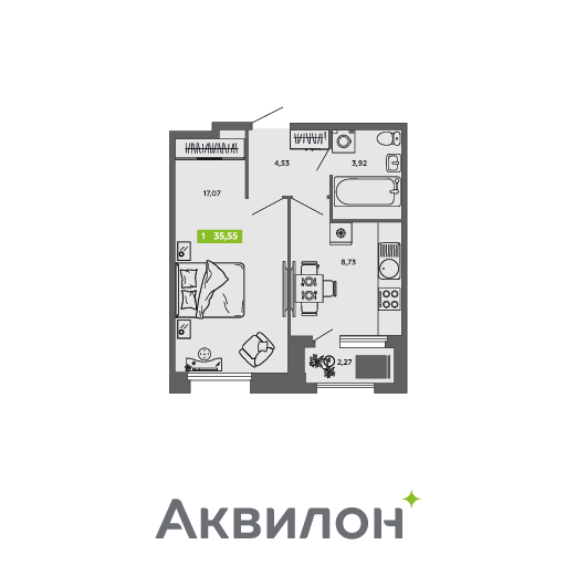 1-комнатная 35 м2 в ЖК Аквилон CITY Towers корпус null этаж 13