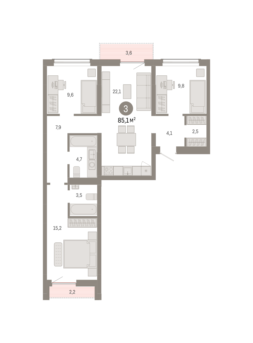 3-комнатная 85 м2 в ЖК Европейский берег корпус null этаж 5